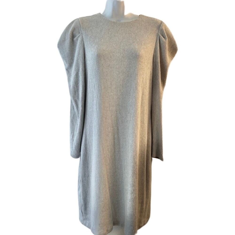Express Gray Puff Long Sleeve Mini Bodycon Rib Knit Sweater Dress sz M Crew Neck